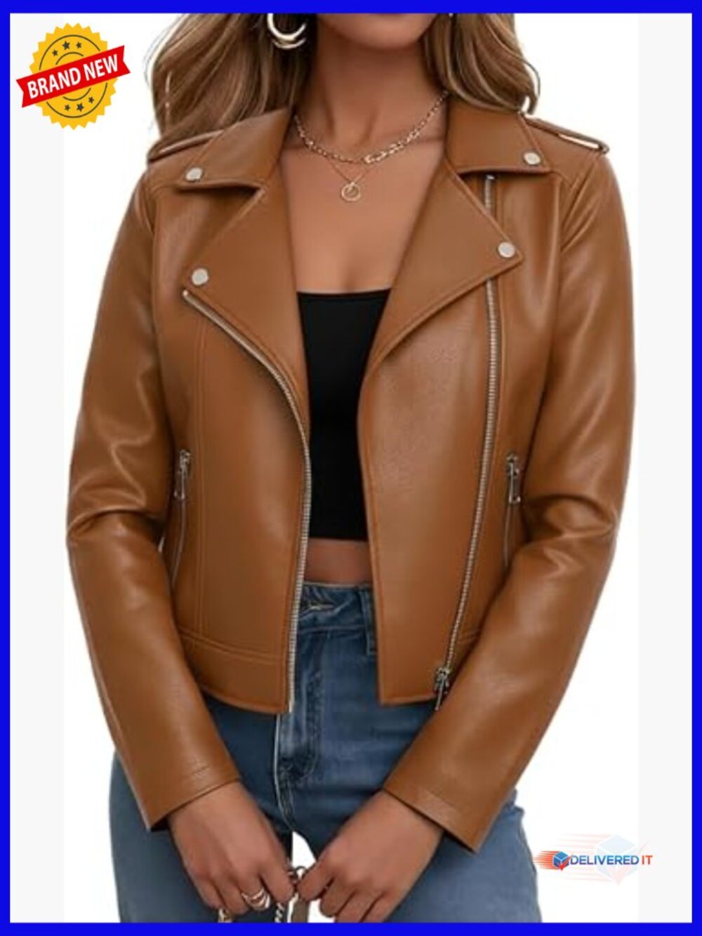 Faux Leather Cropped Biker Jacket Edgy Motto Zip Up Coat